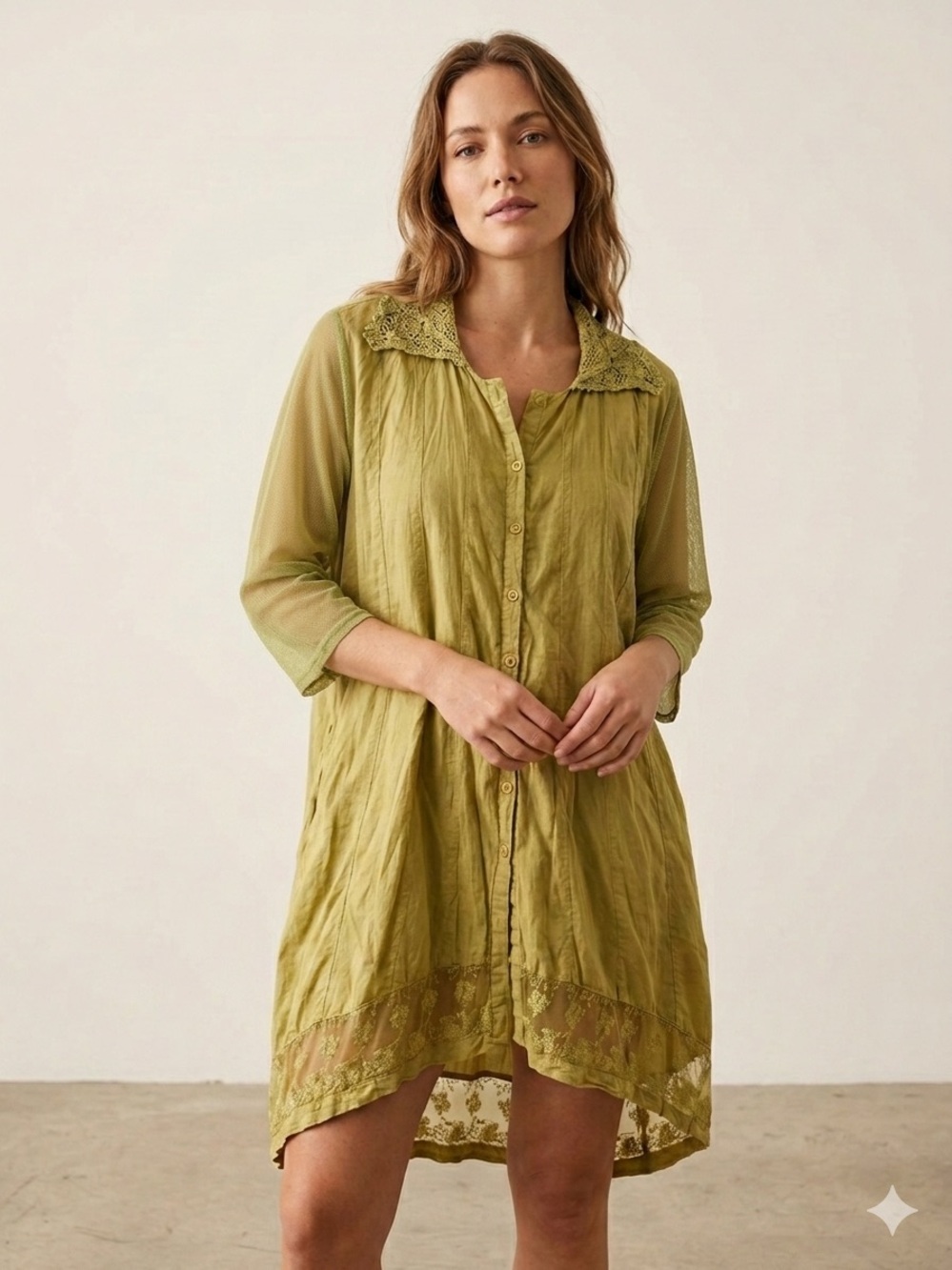 April Cornell Sz M Green Yellow Lace Boho Lagenlook Button Front Tunic Dress